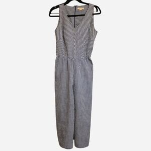 Prelude • Sleeveless V-Neck Wide-Leg Romper. Blue/White Seersucker.  Sz XS.